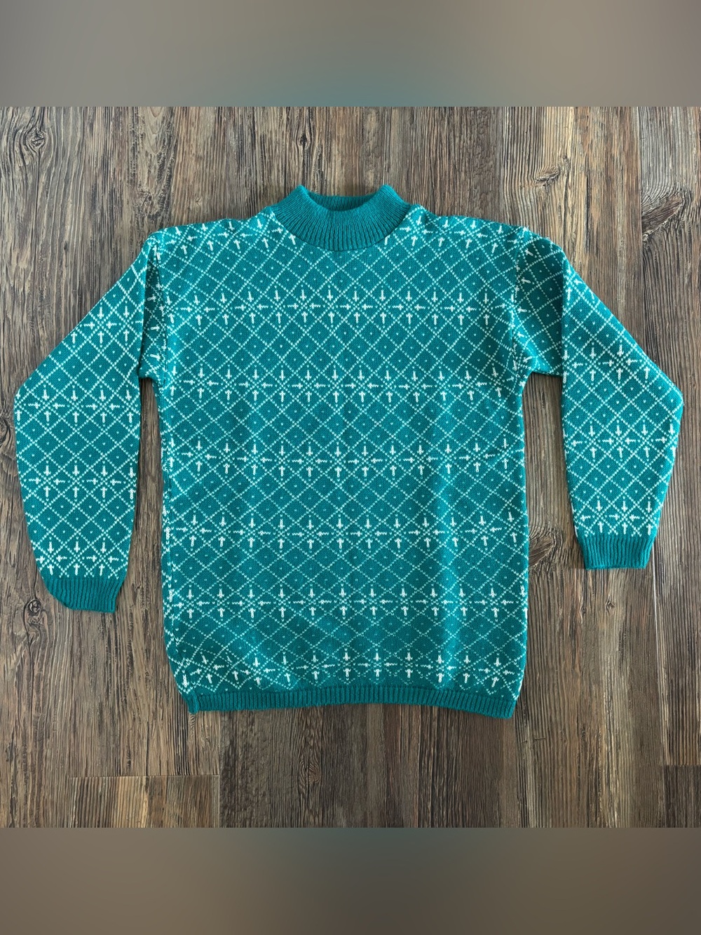 Vtg Ellen-D Kollection Knit Sweater Medium Teal White Diamonds Crosses Mock Neck